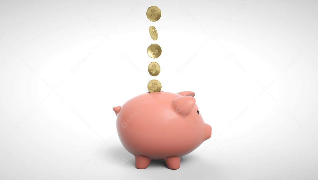 3d renderização da moeda de ouro caindo em um cofrinho. Cofrinho sagacidade