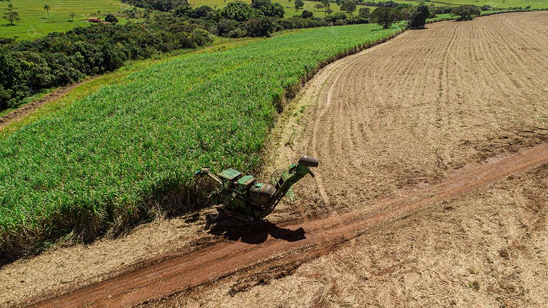 Colheita de cana-de-açúcar em dia ensolarado no Brasil. Vista aérea.