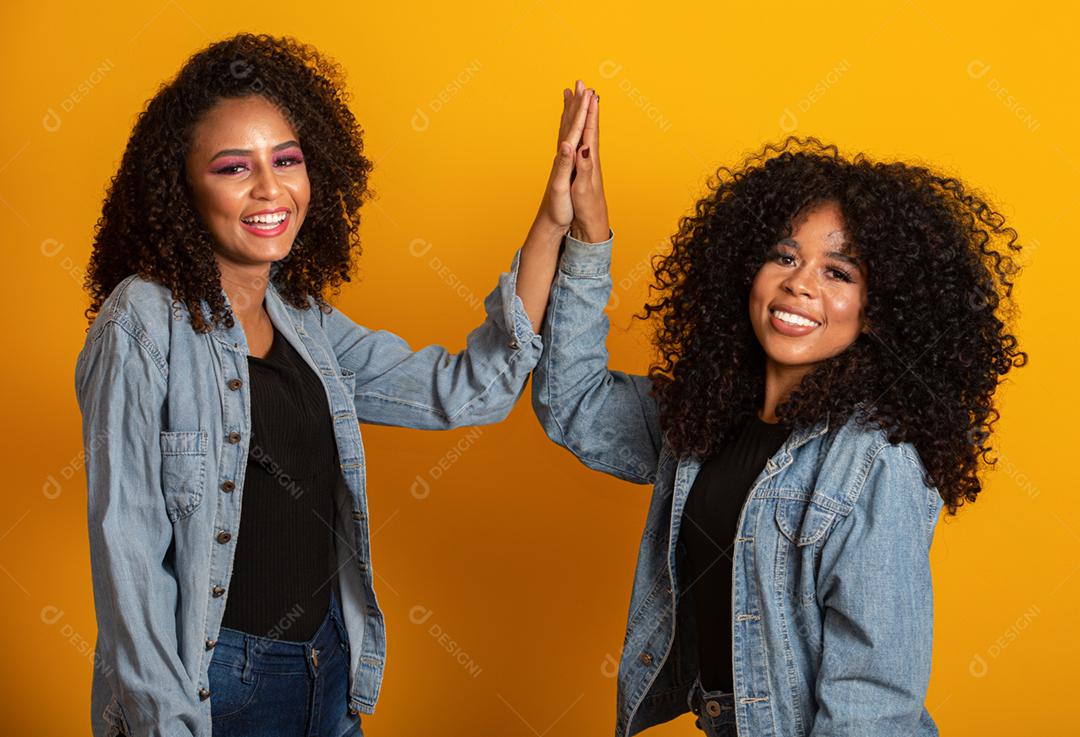 Dois lindos amigos afro abraçados, conceito de melhores amigas e irmãs.