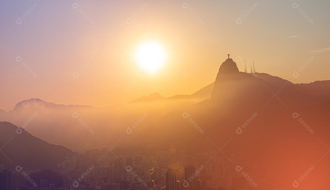 Arte de fundo do Rio de Janeiro. Pão de Açúcar, Corcovado, Cristo Redentor e Baía