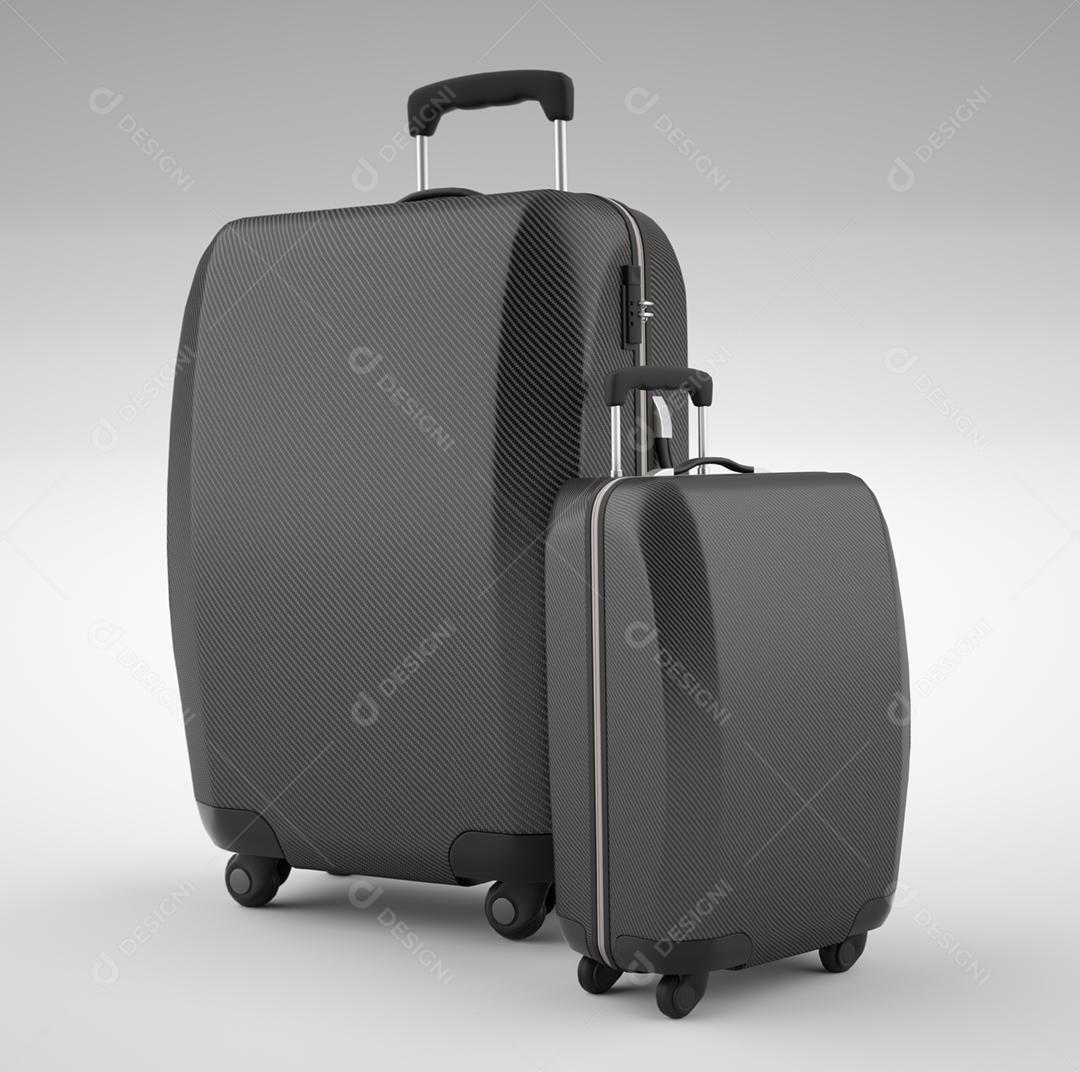 Duas malas de viagem de fibra de carbono preta isoladas em fundo brilhante. renderização em 3D