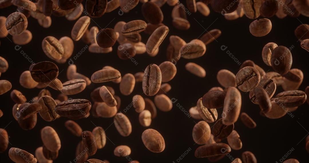 Grãos de café caindo em fundo escuro. Os grãos de café caem. Produção de Café. Café no Café da Manhã