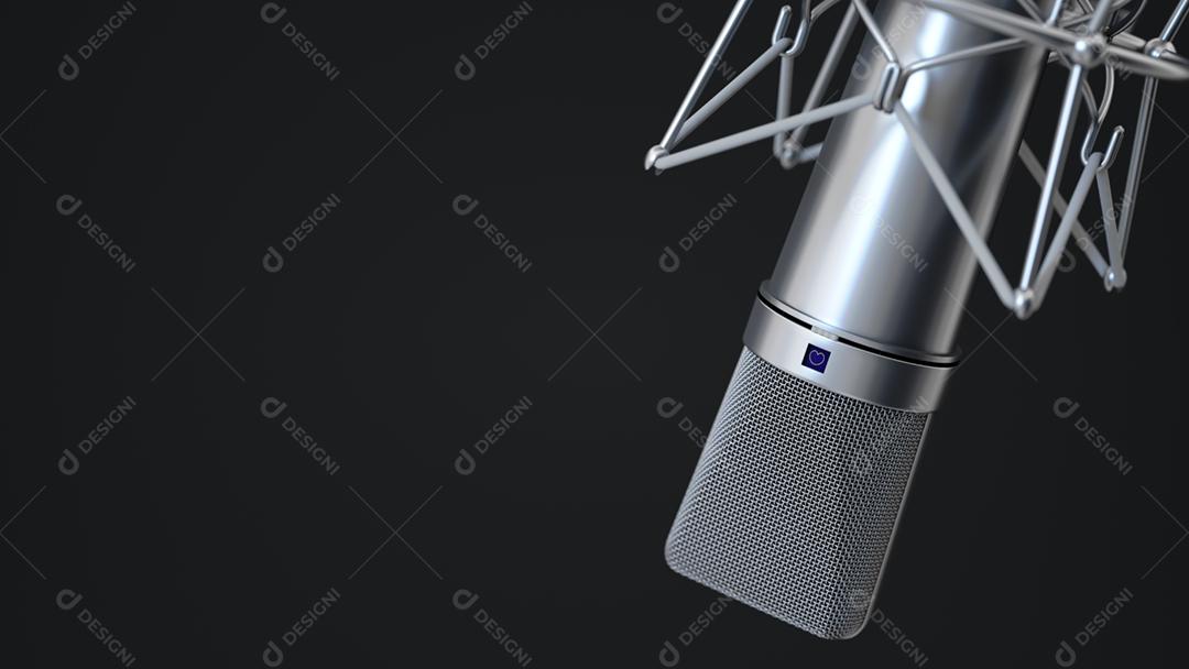 Microfone de estúdio condensador vocal em fundo preto isolado. Renderização 3D