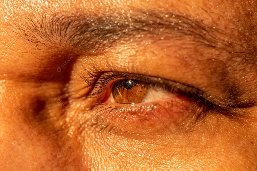 Close do olho humano. O olhar é pensativo. Nascer do sol pôr do sol. Horizonte