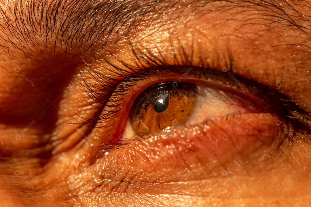 Close do olho humano. O olhar é pensativo. Nascer do sol pôr do sol. Horizonte