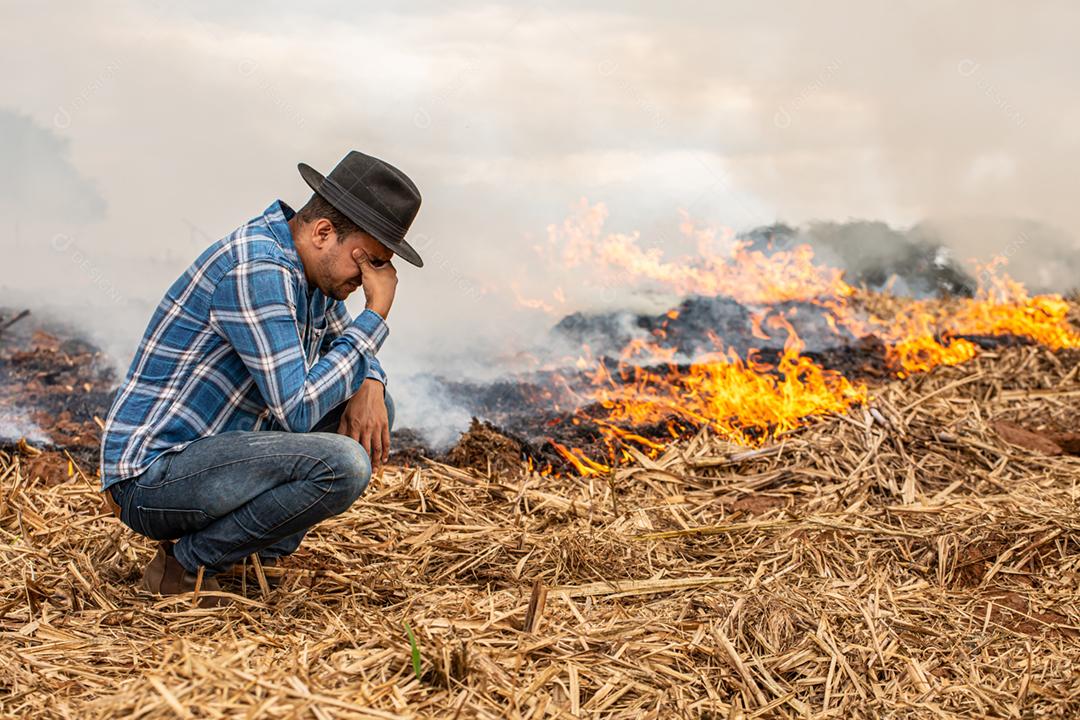 Agricultor desesperado para que fogo atinja sua fazenda. Queimado dias secos destruindo fazenda.