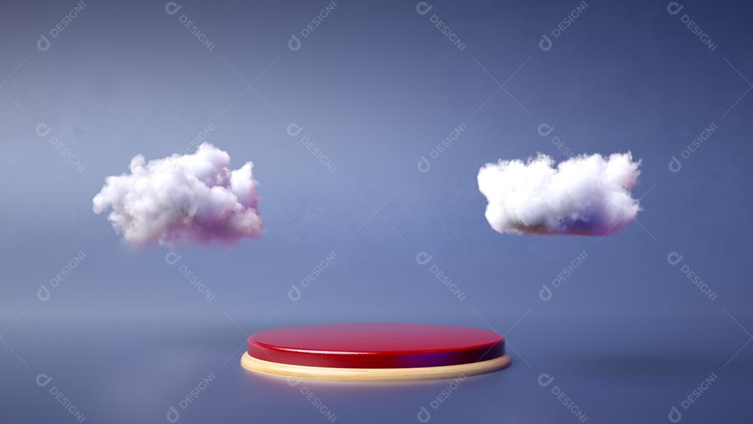 Pódio vermelho e madeira sobre fundo azul. Expositor de produtos. Insira seu produto. renderização 3D.