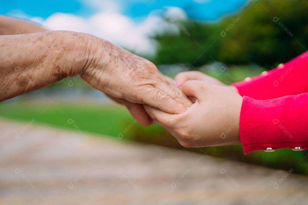 As mãos amigas para atendimento domiciliar de idosos em um parque ao ar livre.