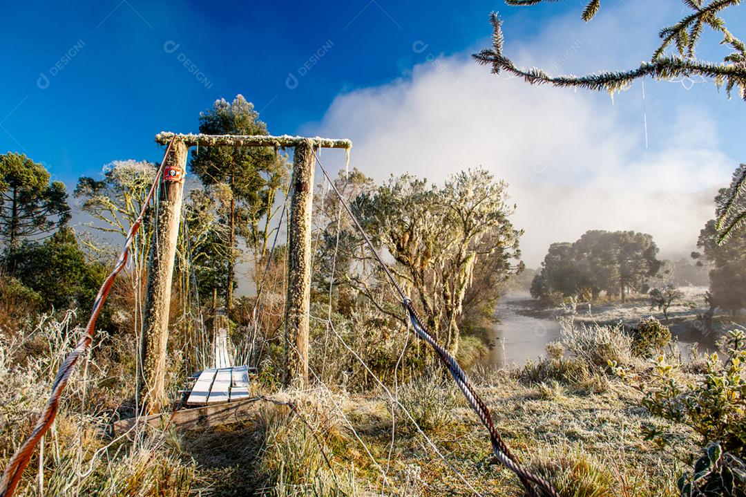 Paisagem ponte floresta lago céu nublado
