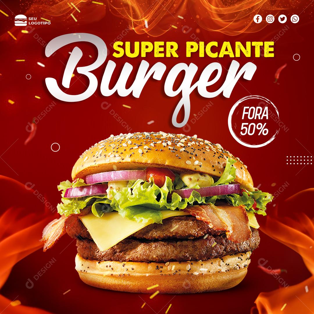 Social Media Super Picante Burger 50% Desconto Hambúrgueria PSD Editável