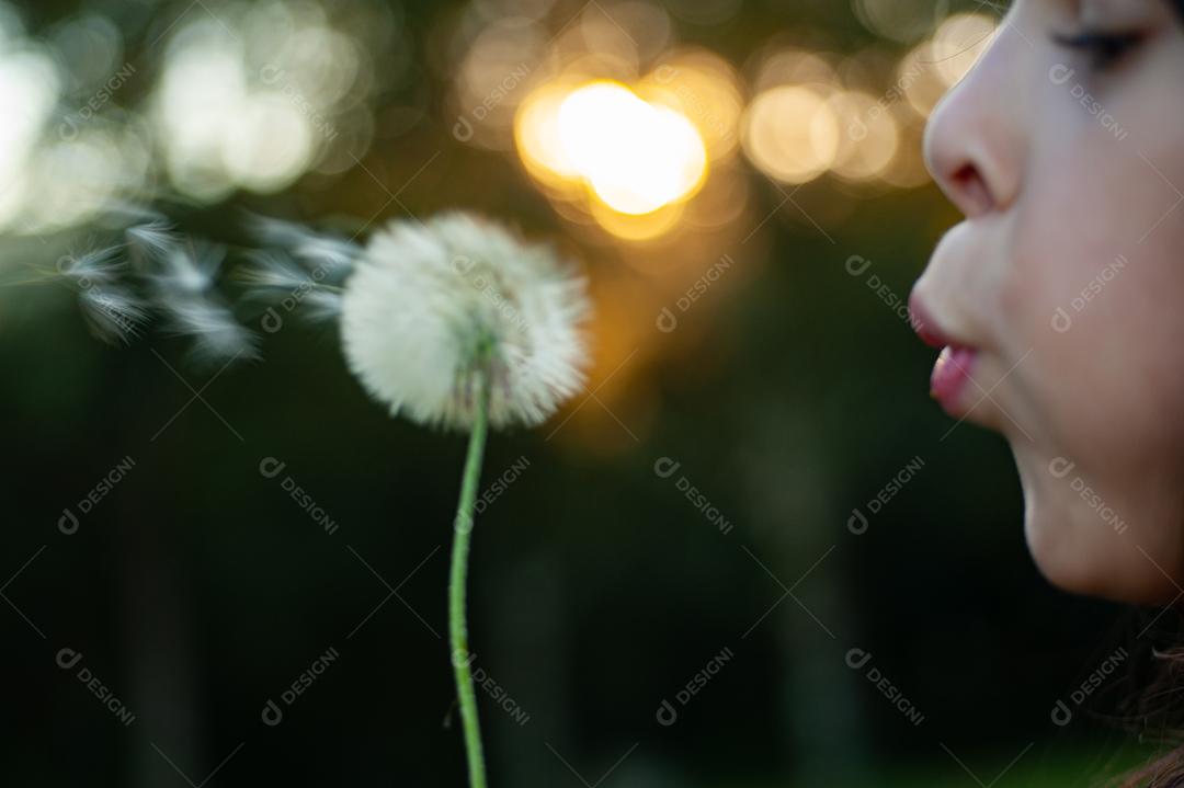 Garota criança soprando um dente de leão planta flor