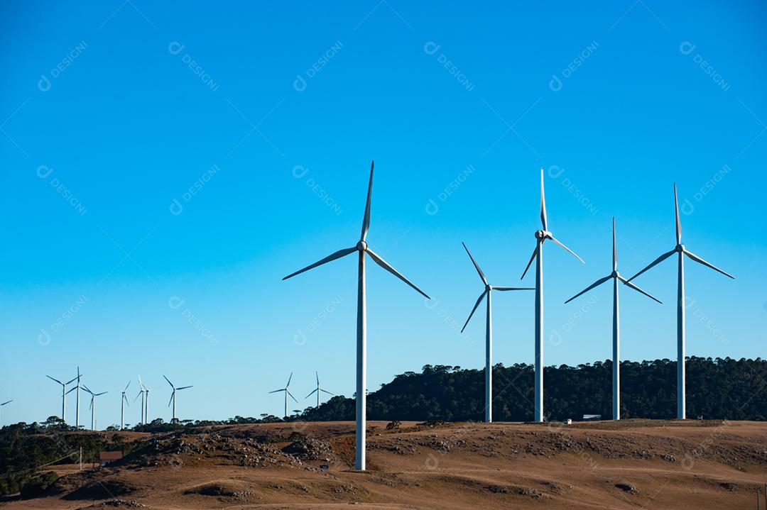 Parque eólico projeto industria sobre campo céu azul