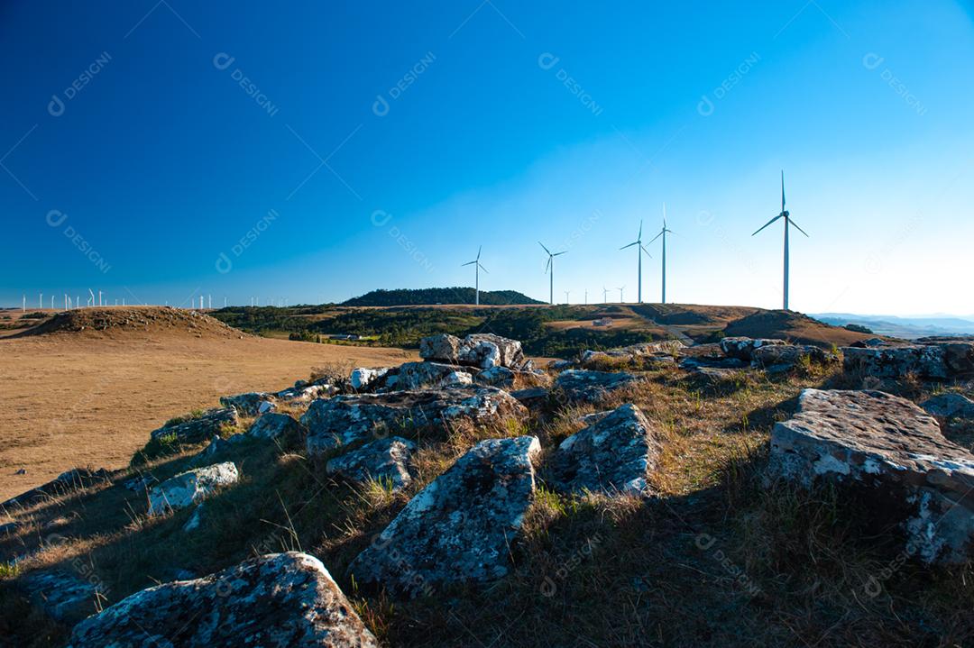 Parque eólico projeto industria sobre campo céu azul