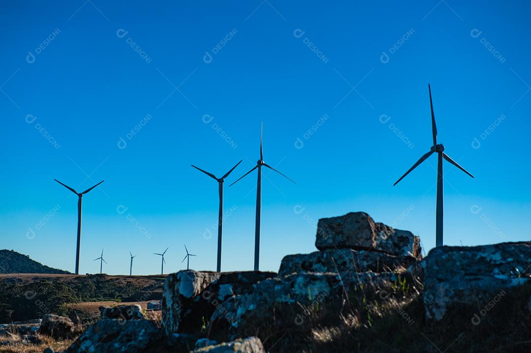 Parque eólico projeto industria sobre campo céu azul
