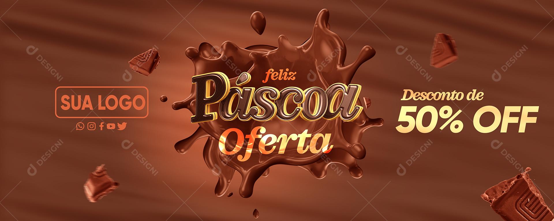 Social Media Banner Feliz Páscoa De Ofertas Descontos De 50% PSD Editável