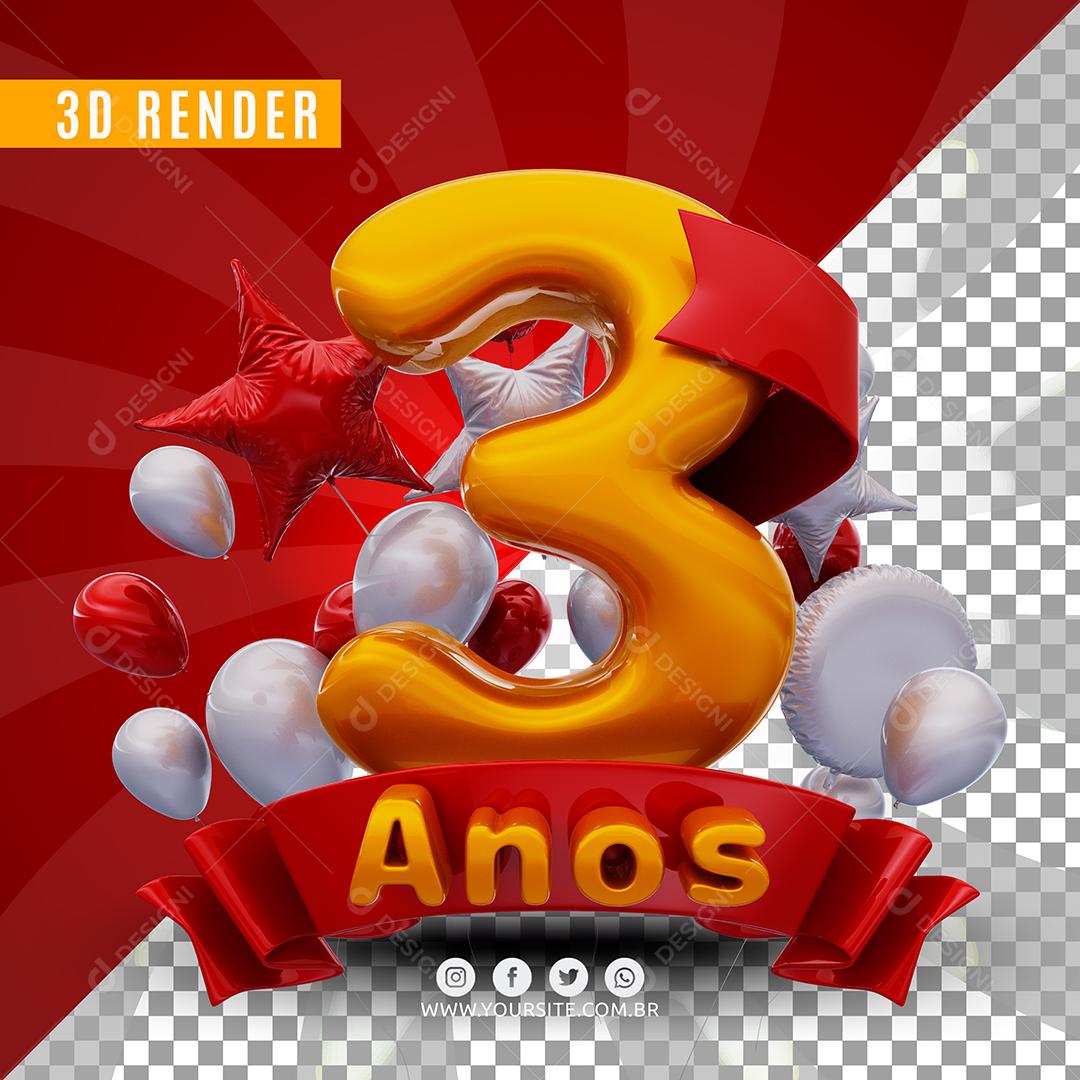Selo 3D 3 Anos De Aniversàrio Para Composição PSD