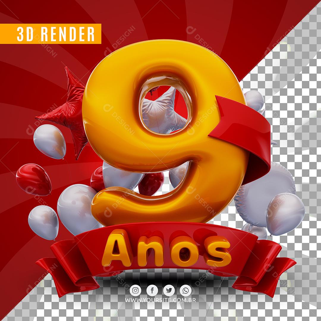 Selo 3D 9 Anos De Aniversàrio Para Composição PSD