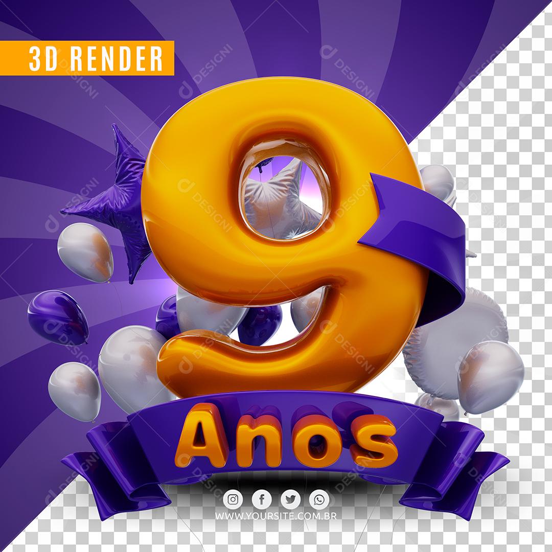 Selo 3D 9 Anos Roxo De Aniversàrio Para Composição PSD