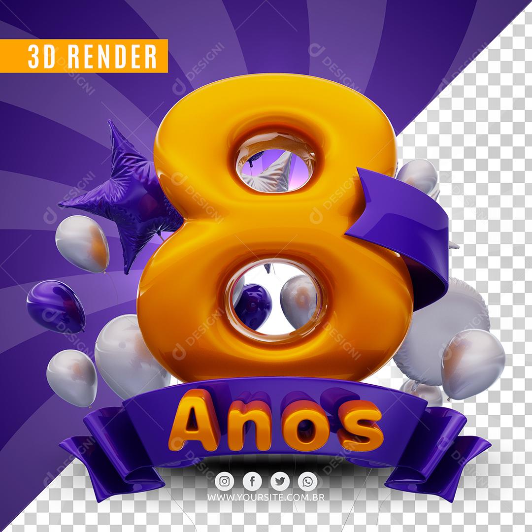Selo 3D 8 Anos Roxo De Aniversàrio Para Composição PSD