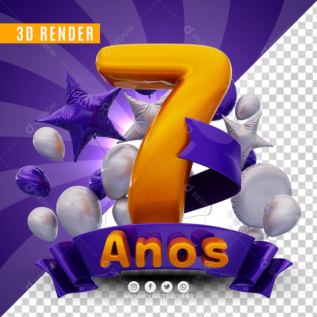 Selo 3D 7 Anos Roxo De Aniversàrio Para Composição PSD