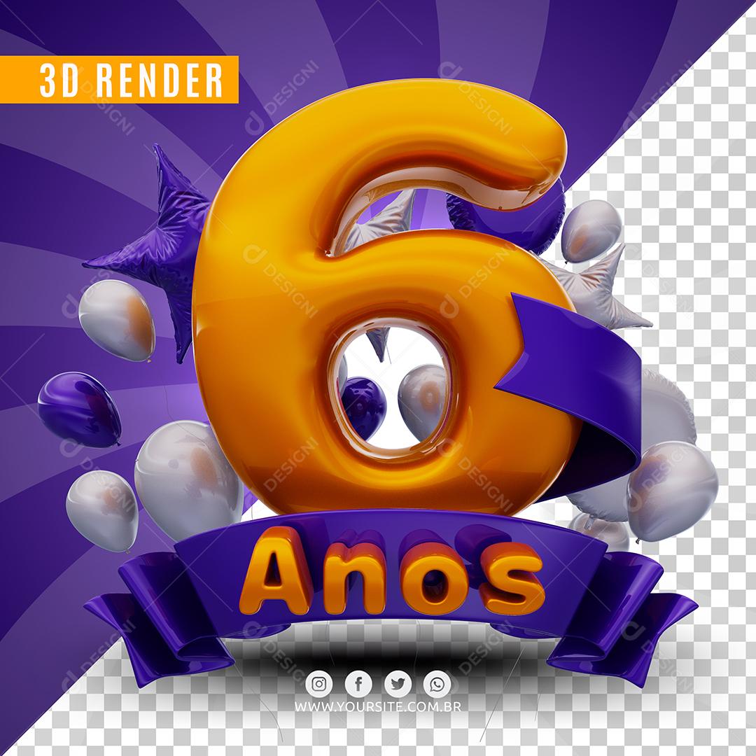 Selo 3D 6 Anos Roxo De Aniversàrio Para Composição PSD