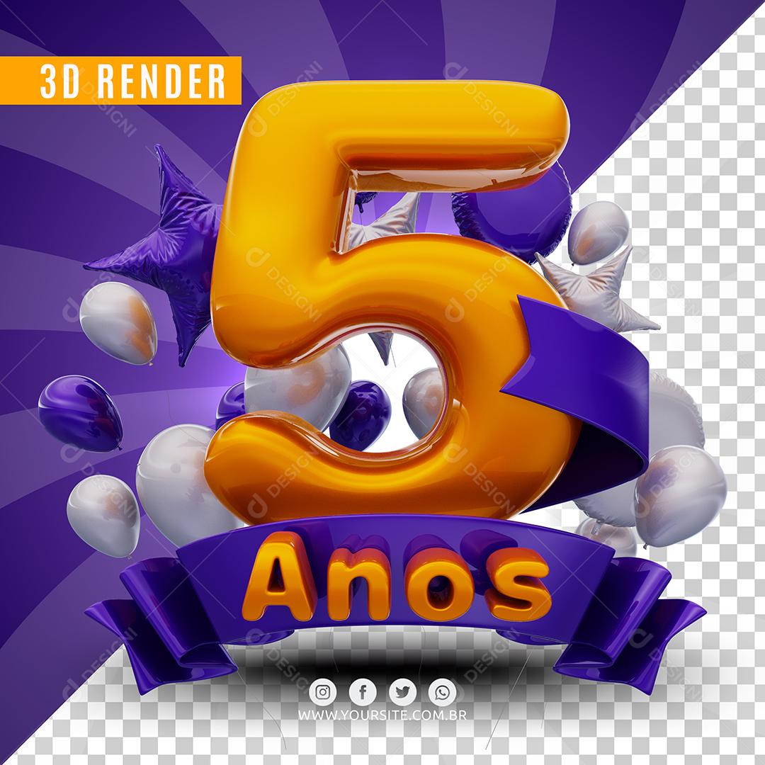 Selo 3D 5 Anos Roxo De Aniversàrio Para Composição PSD