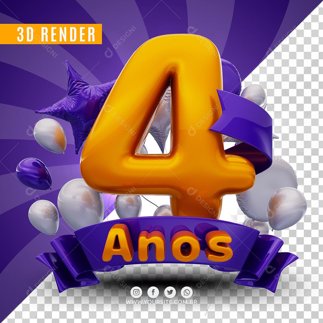 Selo 3D 4 Anos Roxo De Aniversàrio Para Composição PSD