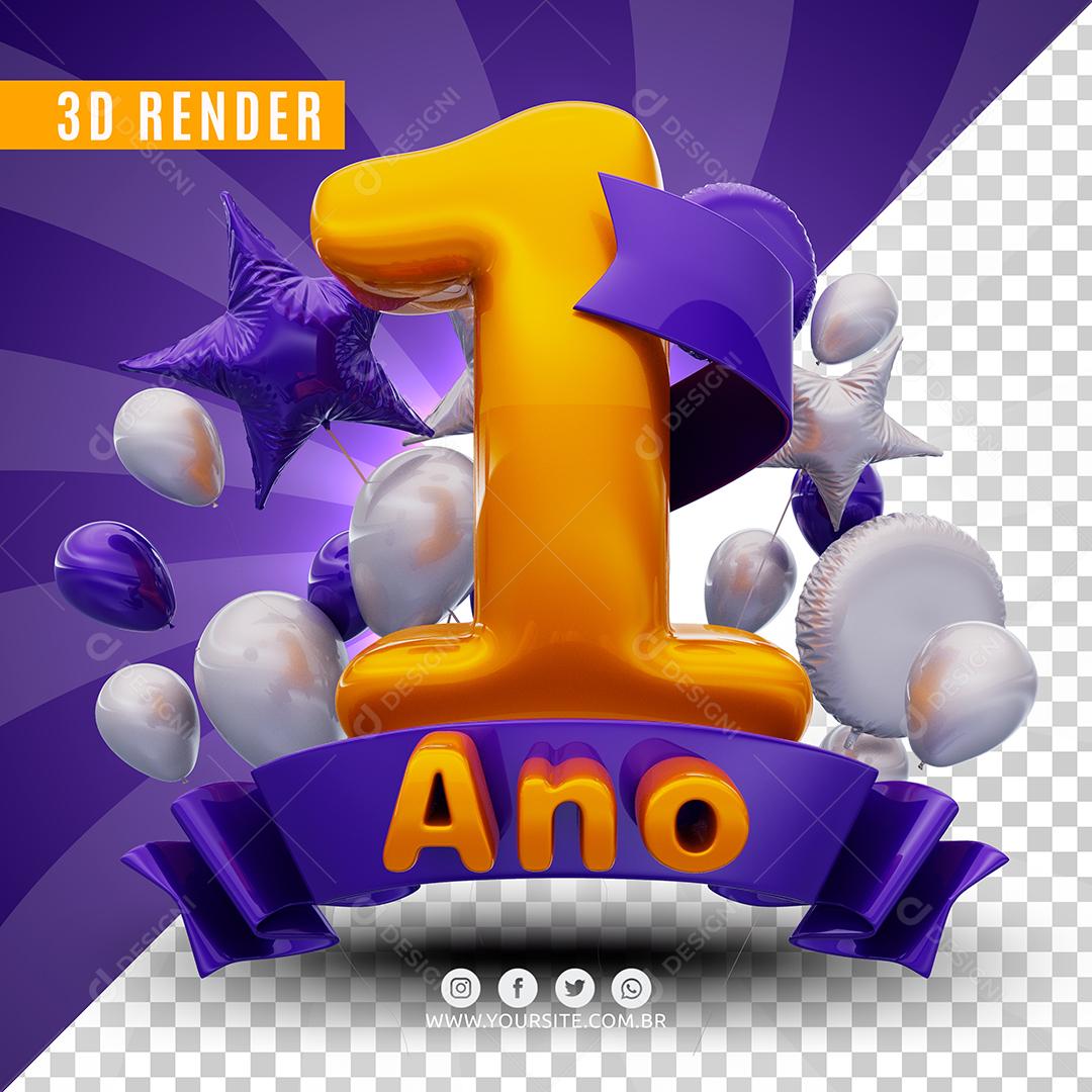 Selo 3D 1 Ano Roxo De Aniversàrio Para Composição PSD