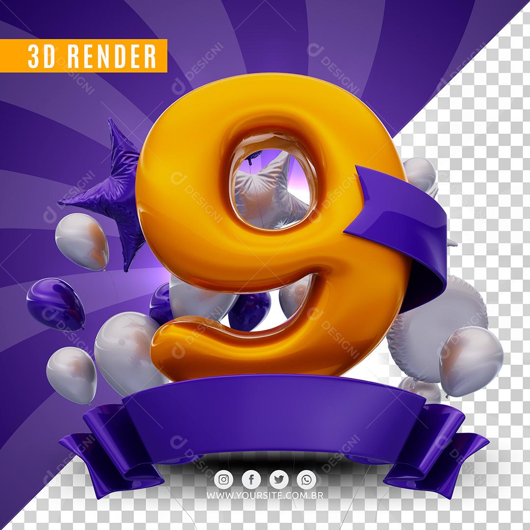 9 Anos Roxo De Aniversàrio Selo 3D Para Composição PSD