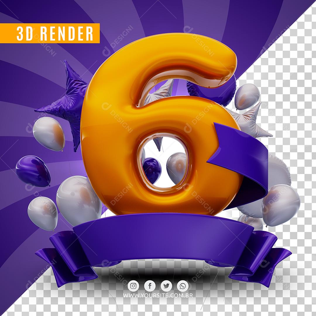 6 Anos Roxo De Aniversàrio Selo 3D Para Composição PSD