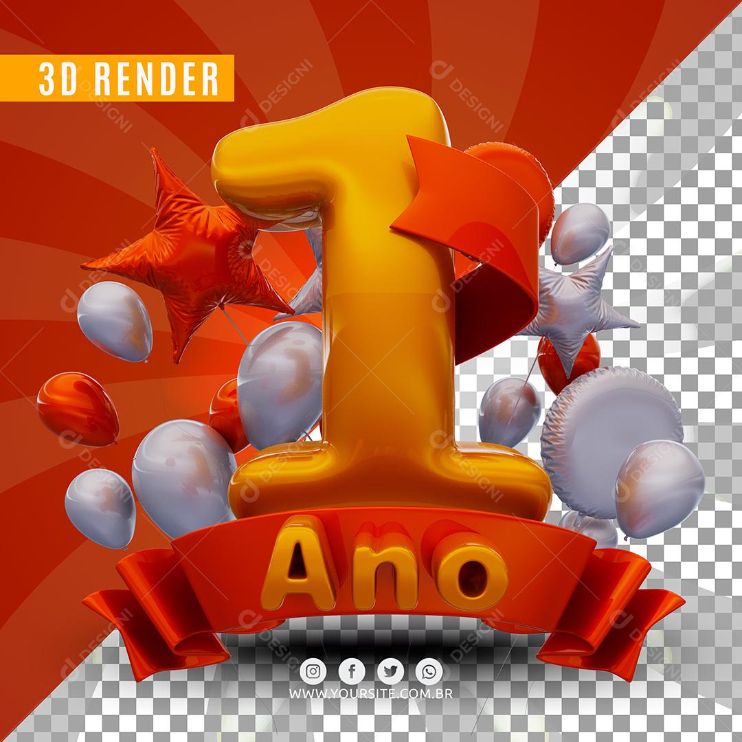 Selo 3D 1 Ano Laranjado De Aniversàrio Para Composição PSD