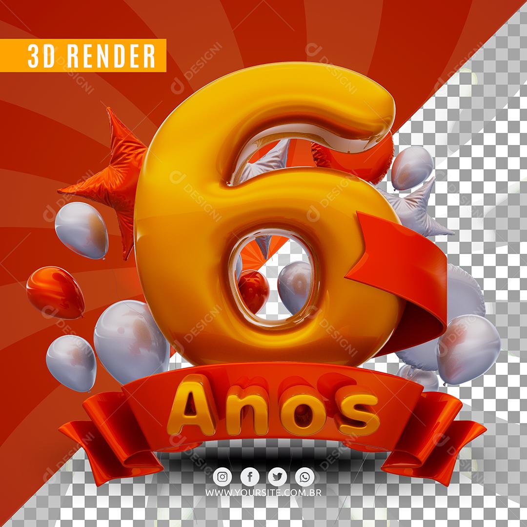 Selo 3D 6 Anos Laranjado De Aniversàrio Para Composição PSD