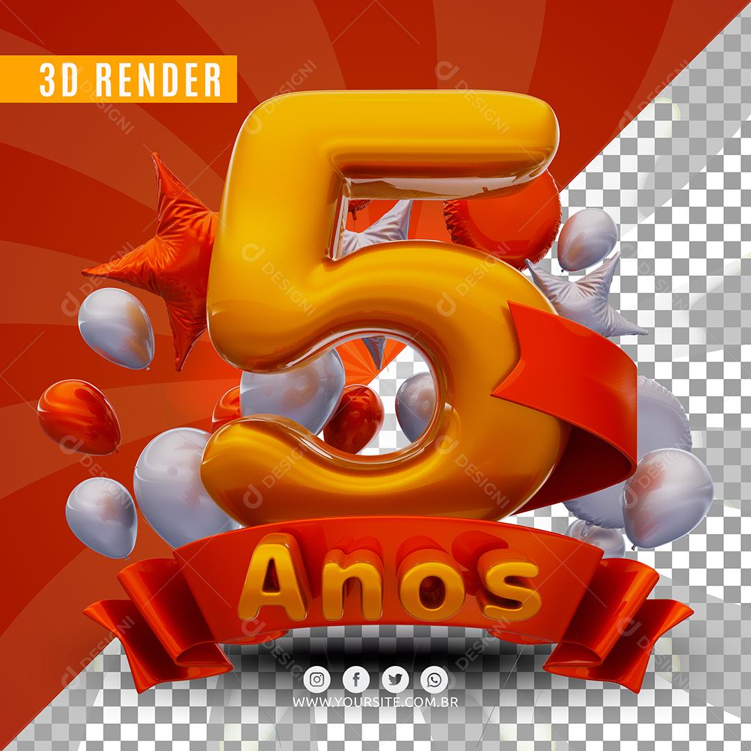 Selo 3D 5 Anos Laranjado De Aniversàrio Para Composição PSD