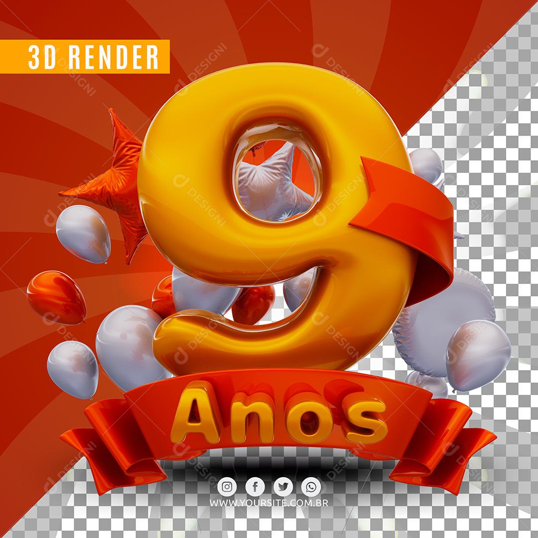 Selo 3D 9 Anos Laranjado De Aniversàrio Para Composição PSD