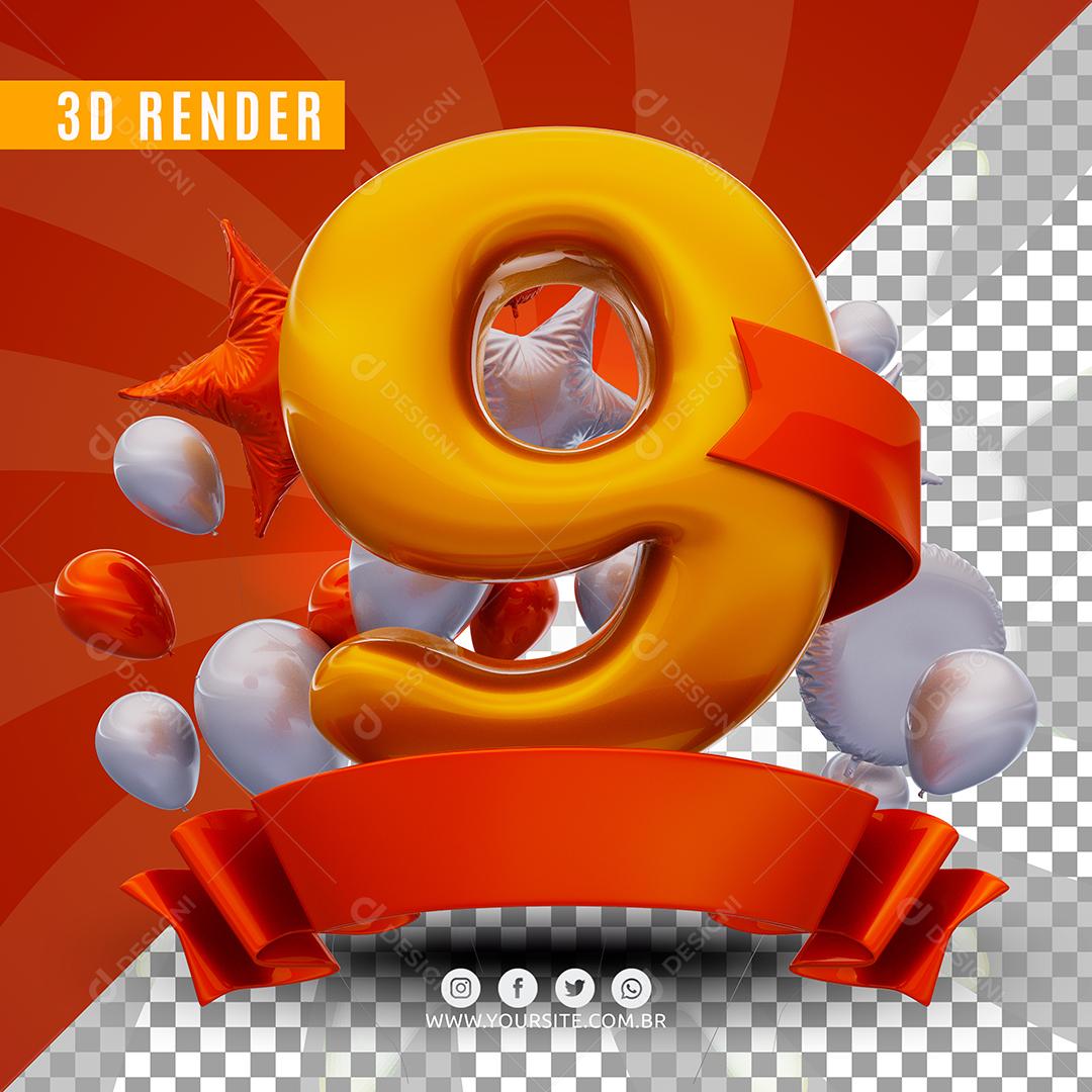 Selo 3D 9 Laranjado De Aniversàrio Para Composição PSD