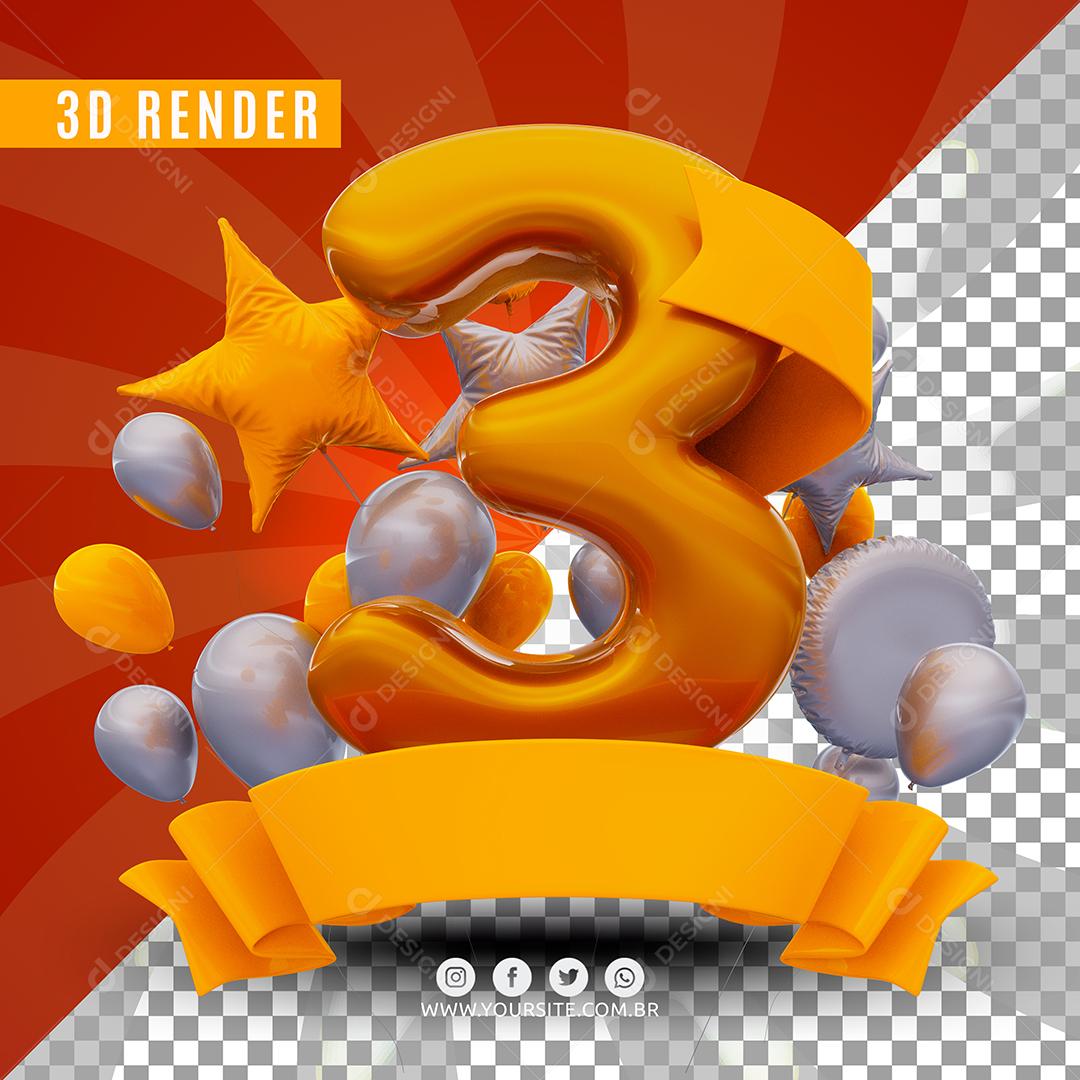 Selo 3D 3 Amarelo De Aniversàrio Para Composição PSD