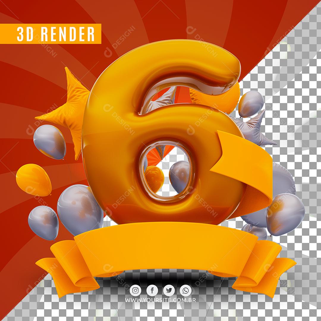 Selo 3D 6 Amarelo De Aniversàrio Para Composição PSD