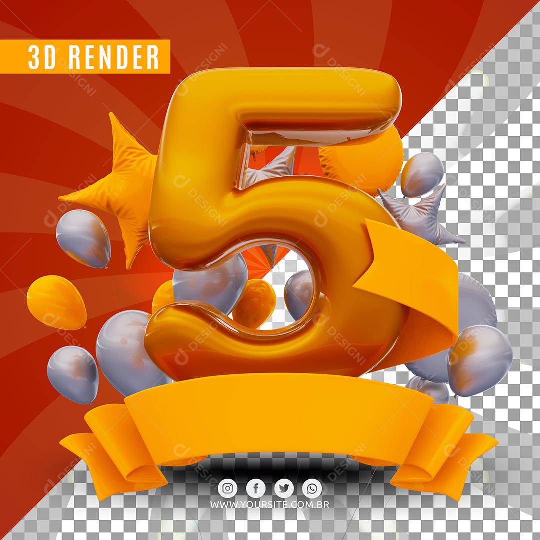 Selo 3D 5  Amarelo De Aniversàrio Para Composição PSD