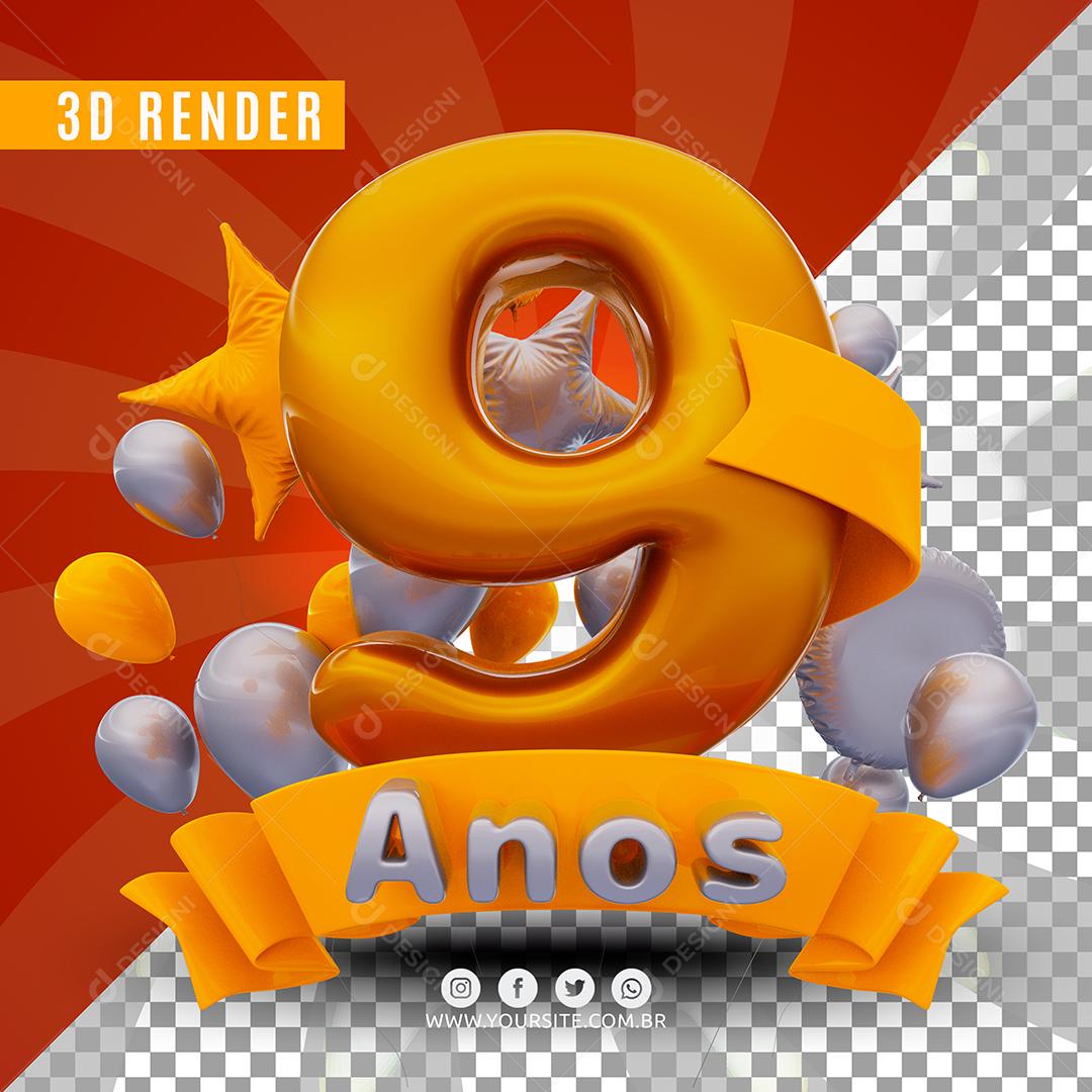 Selo 3D 9 Anos Amarelo De Aniversàrio Para Composição PSD