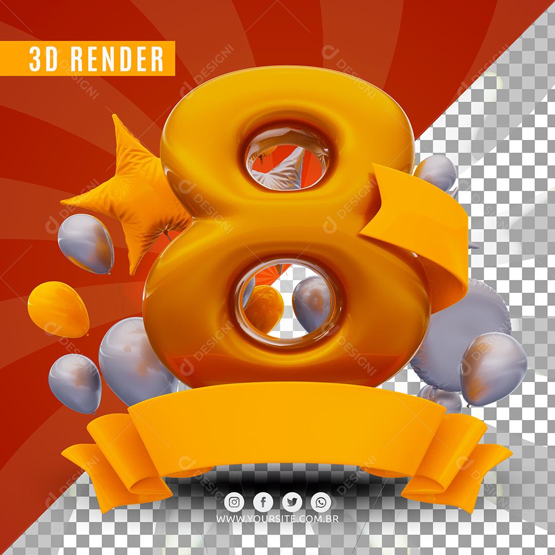 Selo 3D 8 Amarelo De Aniversàrio Para Composição PSD