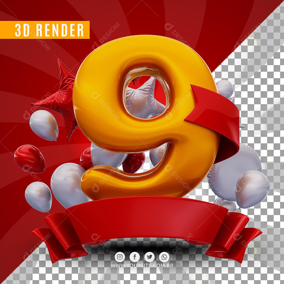 Selo 3D 9 Anos Vermelho De Aniversàrio Para Composição PSD