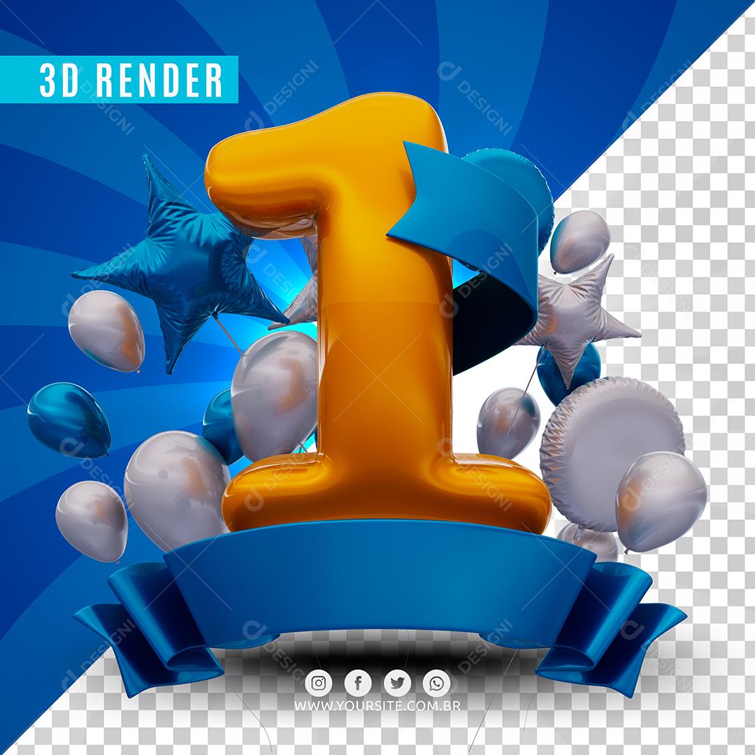 Selo 3D 1 Azul De Aniversàrio Para Composição PSD