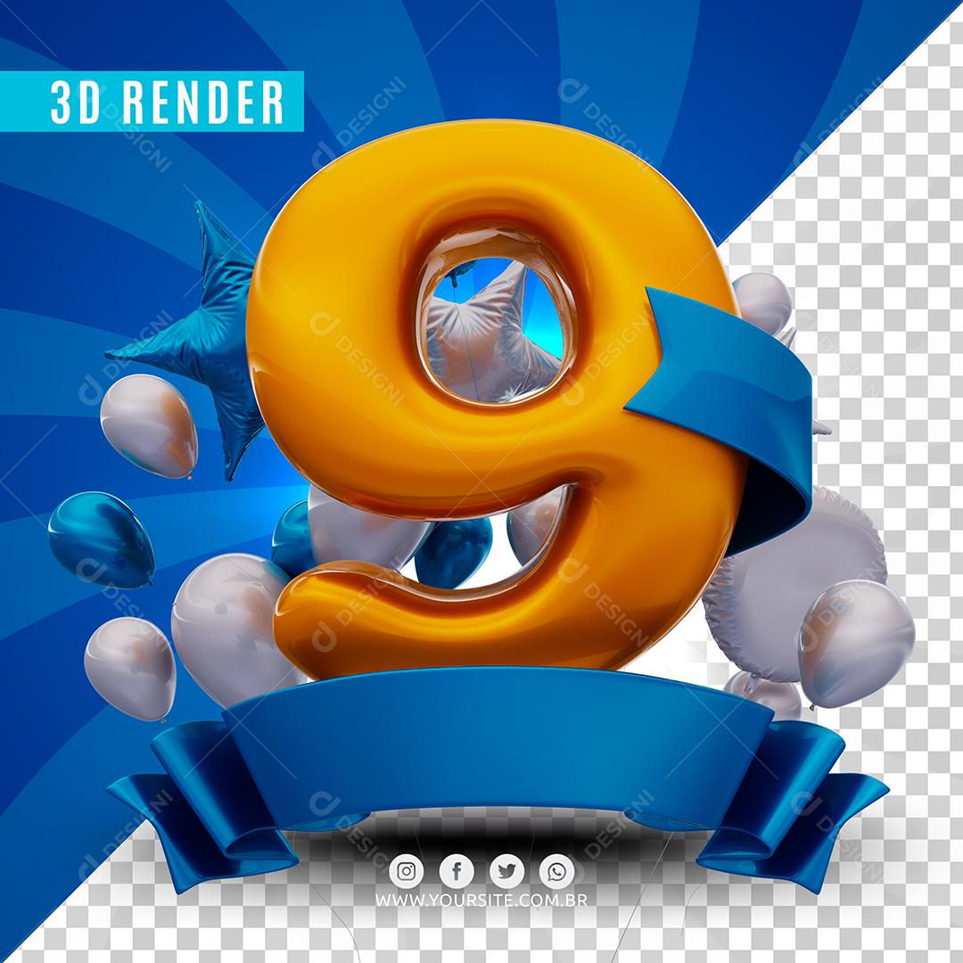 9 Azul De Aniversàrio Selo 3D Para Composição PSD