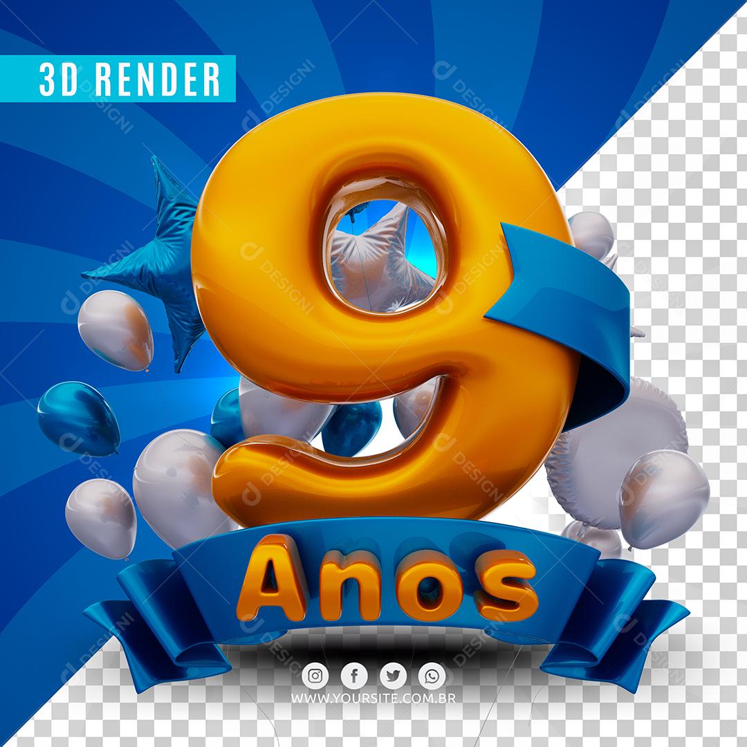 9 Anos Azul De Aniversàrio Selo 3D Para Composição PSD