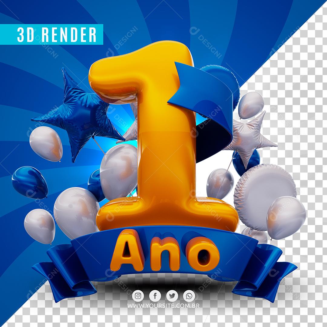 1 Ano Azul De Aniversàrio Selo 3D Para Composição PSD