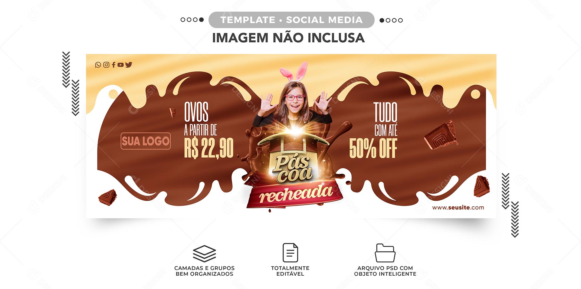 Social Media Banner Páscoa Recheada Ovos De Páscoa Tudo 50% Desconto PSD Editável