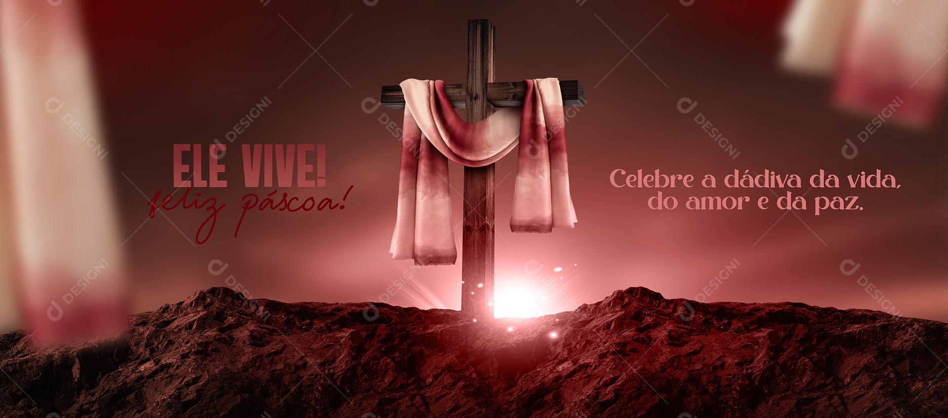 Social Media Banner Feliz Páscoa Cristã Ele Vive PSD Editável