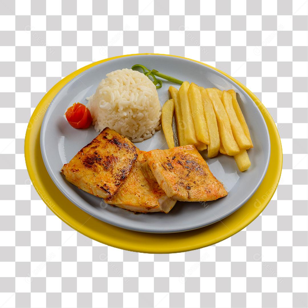 Peito de frango frito com arroz branco e batata frita PNG Transparente