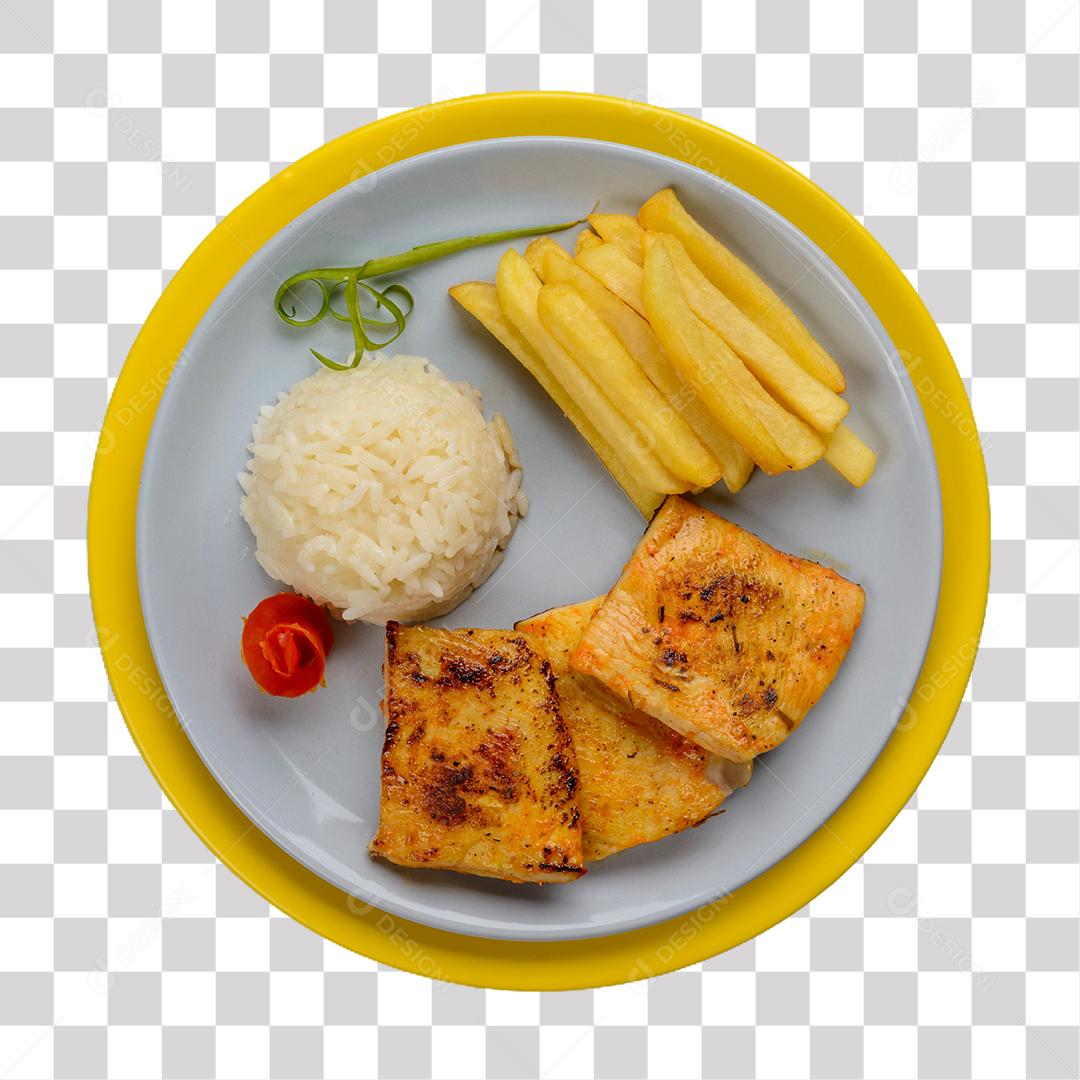 Peito de frango frito com arroz branco e batata frita PNG Transparente