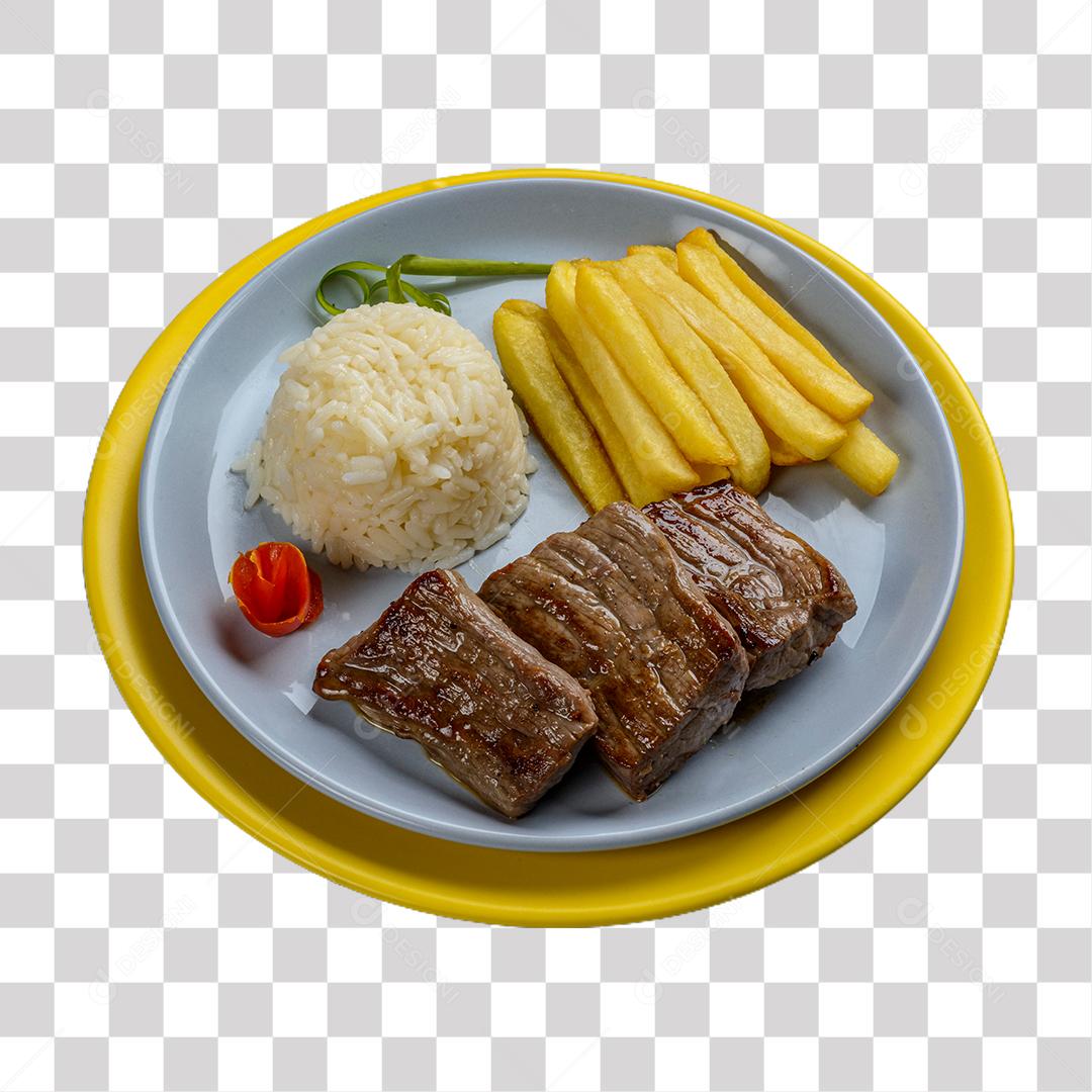 Carne frita com arroz branco e batata frita PNG Transparente